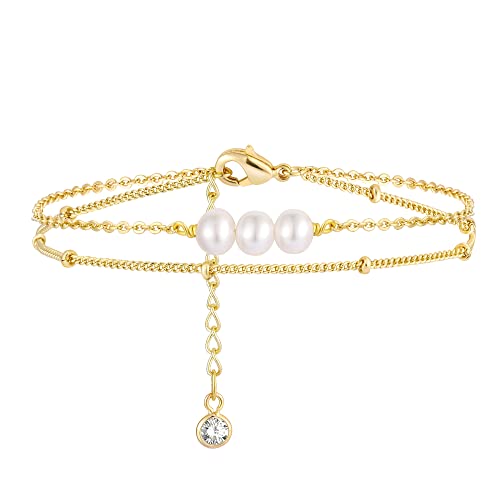 MEVECCO Dainty Chain Bracelets for Women, Layered and Charm Styles | 14K Gold Plated Brass, Select Cubic Zirconia Accents, Single and Multi-Row Structures for Refined Everyday Wristwear - style: 2 Layer 3 Pearls Satellite Chain