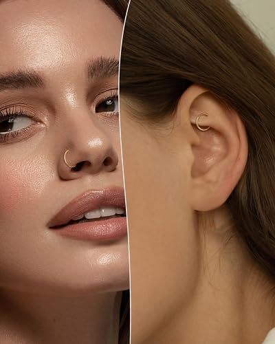 14K Solid Gold Nose Rings, Yellow Gold, 18g/16g/20g | For Women Man, Real Gold, 14Kt, Tiny Seamless Hoop, Nose Piercing, Cartilage Earring, Hypoallergenic - color: HoopA, size: 16g- 6mm