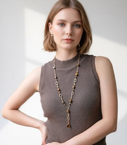 FULU AUTUMN Long Gold Beaded Necklaces for Women Natural Stone Bead Statement Pendant Necklace Y Sweater Chain Fashion Jewelry Gifts - color: Tiger's Eye
