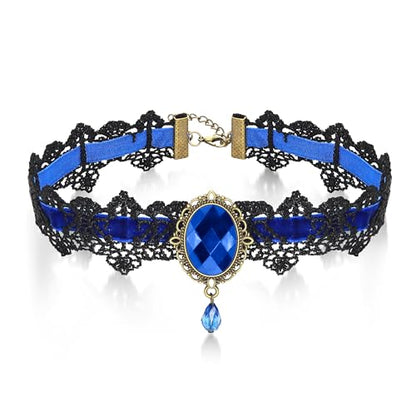 AILUOR Punk Rock Wedding Party Handmade Black Lace Choker, Gothic Retro Lolita Beads Chain Vampire Pendant Necklace for Women Halloween - color: Blue