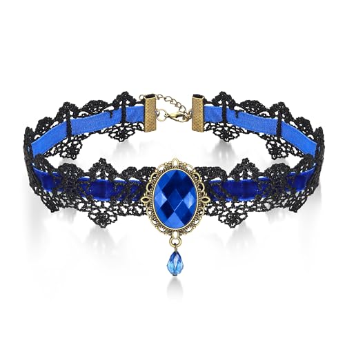 AILUOR Punk Rock Wedding Party Handmade Black Lace Choker, Gothic Retro Lolita Beads Chain Vampire Pendant Necklace for Women Halloween - color: Blue
