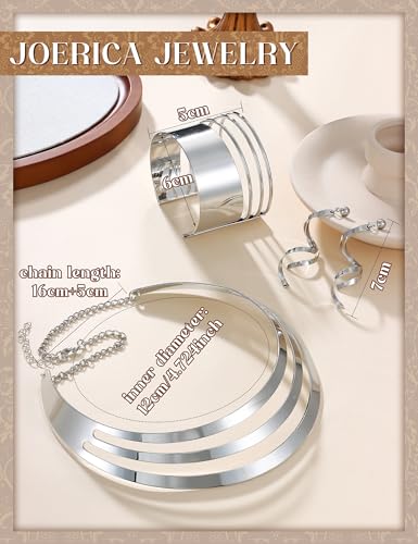 JOERICA Bib Choker Necklace Set for Women Wide Cuff Bangle Bracelets Long Statement Dangle Earrings African Costume Jewelry Set - color: Silver Tone