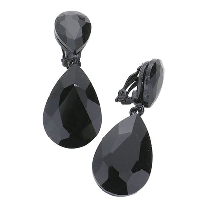 Rosemarie & Jubalee Women's Double Teardrop Statement Glass Crystal Rhinestone Dangle Clip On Bridal Earrings, 2" - color: Jet Black Crystal Black Tone