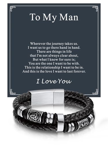 Bandmax Men's Black Double Wax Rope Bracelet Waterproof Stainless Steel Norse Style Celtic Knot Beads Wristband 7-9 Inch Gift for Men Father Husband Son Grandson - color: 05 With Card To My Man, size: 7.48 Inches (19cm)