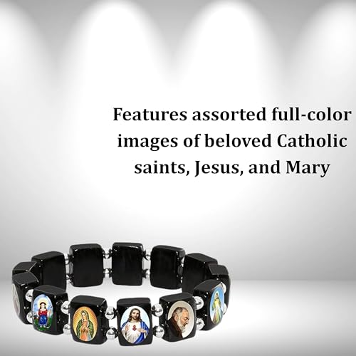Catholica Shop Devotional Catholic Religious Wood Stretch Bracelets. Small and Large Panels with Assorted Images of Saints, Jesus and Mary. Unisex. Handcrafted in Brazil - style: Small Silver Tone