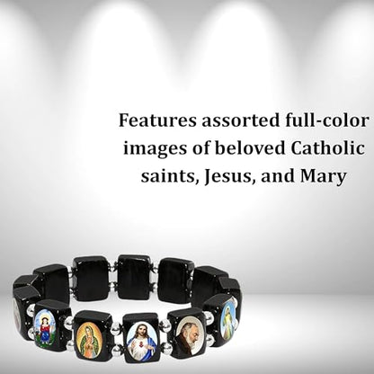 Catholica Shop Devotional Catholic Religious Wood Stretch Bracelets. Small and Large Panels with Assorted Images of Saints, Jesus and Mary. Unisex. Handcrafted in Brazil - style: Small Silver Tone