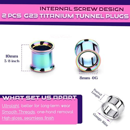 2Pcs G23 Titanium Double Flared Earrings Internally Threaded Gauges for Ears Weights Eyelet Tunnel Plug Stretching Kit From 3mm to 25mm Women Men - color: Rainbow, size: 8mm-0G