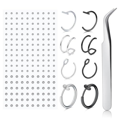 Fake Eyebrow Ring Fake Lip Labret Studs Replacement Balls Spike with 100pcs Sticker Non-Piercing Body Jewelry Fake Skin Piercing - color: C3 -Silver + Black