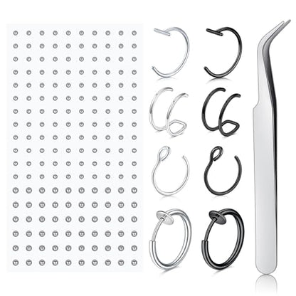 Fake Eyebrow Ring Fake Lip Labret Studs Replacement Balls Spike with 100pcs Sticker Non-Piercing Body Jewelry Fake Skin Piercing - color: C3 -Silver + Black