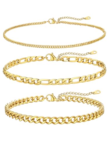 FOCALOOK Anklet Bracelets Set for Women, 14K Gold Plated Layered Anklet Set | Adjustable for Large Ankle, Cuban/Snake/Figaro/Paperclip Chain, Waterproof & Non Tarnish for Everyday Wear, Beach & Summer - color: D:3Pcs-1.8mm&5mm Cuban/Figaro-Gold