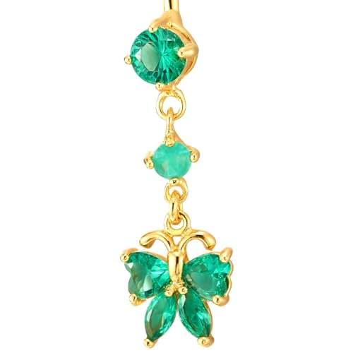 COOLSTEELANDBEYOND Gold Butterfly Belly Button Ring with Green Crystal Dangle Delicate Navel Piercing Body Jewelry