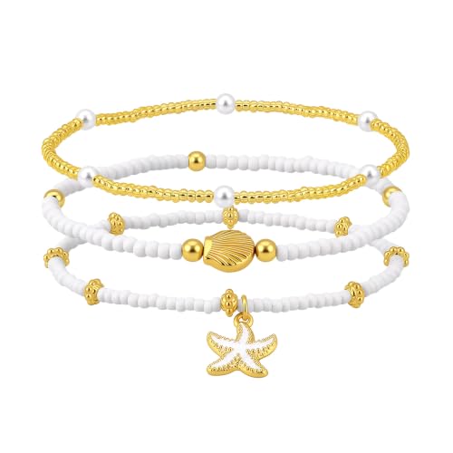 3PCS Waterproof Boho Layered Anklets Bracelets for Women | Gold Beaded Seashell Ankle Bracelets, Adjustable Beaded Anklet, Hawaiian Beach Seashell Starfish Foot Jewelry Gifts
