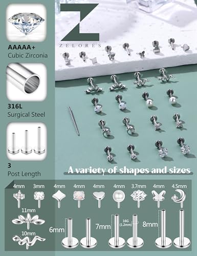 316L Stainless Steel 20G/16G Threadless Flat Back Push In Earrings Women | 11 Pairs 316L Hypoallergenic CZ Cartilage Conch Tragus Stud Earrings Nose Rings for Women, 14K Gold Plated, Silver, 6/7/8mm - color: Silver Plated, size: 16G- bar length: 6/7/8mm