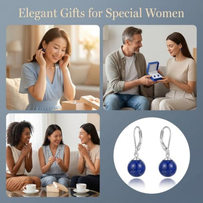 Pearl Leverback Earrings for Women Dangle Round Gemstone Earrings Birthstone Jewelry Gift Anniversary for Her - color: 19 lapis lazuli