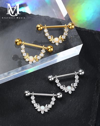 CM Crareesi Mania Opal Nipple Rings 316L Stainless Steel Nipple Shield Ring for Women 14G Moon Phase Nipple Piercing Jewelry - color: Gold-Double Moon