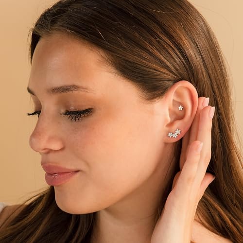 Robaice Cartilage Climber Earrings for Women，14K Gold Plated Helix Stud | Trendy Cluster Earrings, CZ Stud Earring, Tragus Conch Daith Piercing, Ear Crawer,Hypoallergenic Jewelry Gift for Women - color: F-Flower CZ