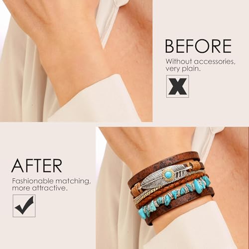 Leather Wrap Bracelets for Women, Boho Leopard Multi-Layer Crystal Beads Cuff Jewelry - color: J-Warp-022