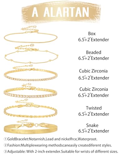 Gold Bracelets for Women 14K Gold Plated Stack Trend Bracelets Charm Paperclip Chain Cuban Link Layered Waterproof Bracelet Dainty Bracelet for Women Jewelry Gifts - color: 6Pcs Gold