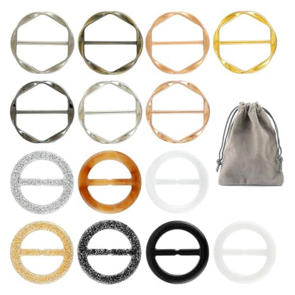 14 PCS Silk Scarf Ring Clip, T-shirt Ties Clips Clothes Corner Knotted Button for Women Shirt Waist Cincher Clips Tightener, Women Fashion Metal Round Circle Shirt Clip with 1 Storage Bag