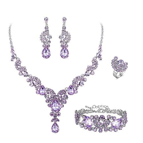 EVER FAITH Rhinestone Crystal Bridal Floral Wave Teardrop Necklace Earrings Set - color: 4pcs_Light Purple