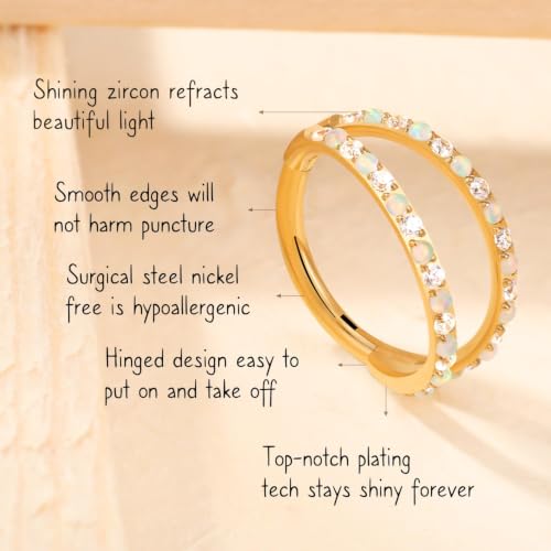 AROWRO Conch Piercing Jewelry Nose Rings Hoops Septum Cartilage Helix Rook | Surgical Steel Gold Silver Cartilage Earrings for Women Tragus Helix Piercing Jewelry 16G 18G 20G With Cubic Zirconia Opal - color: Gold-D1 Clear CZ & Opal, size: 16G(1.2mm)-10mm