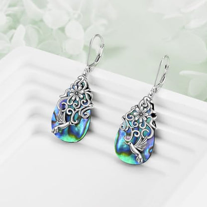 POPLYKE Dragonfly Butterfly Hummingbird Sunflower Earrings 925 Sterling Silver Abalone Shell Moonstone Leverback Earrings Jewelry - style: Hummingbird