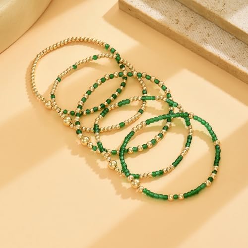LOTSOF Bohemia Multilayer Beaded Bracelet Set, Turquoise Resin Colorful Surfer Heishi Style Elastic Spring Clasp Friendship Elastic Wristbands Summer Beach Boho Vacation Jewelry - color: Green