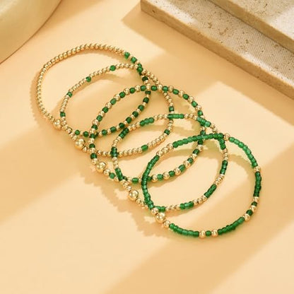 LOTSOF Bohemia Multilayer Beaded Bracelet Set, Turquoise Resin Colorful Surfer Heishi Style Elastic Spring Clasp Friendship Elastic Wristbands Summer Beach Boho Vacation Jewelry - color: Green