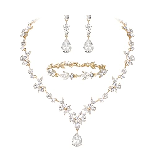 BriLove Wedding Jewelry Set for Women,Gorgeous Crystal Bridal Accessories | Y-Necklace Tennis Bracelet Dangle Earrings Set,Shiny Teardrop Marquise Cluster,Prom Party Jewelry,for Bride Bridesmaid - color: Clear Gold-Plated-Base