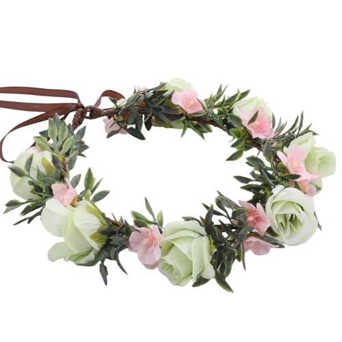 Pink Green Flower Crown Headband, Boho Rose Floral Headpiece | Artificial, Adjustable Fairy Woodland Headbands, Women Maternity Wedding Renaissance Festival Birthday Party Accessories - color: Pink-green
