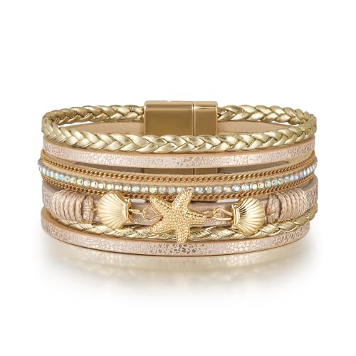 Edoneery Leather Wrap Bracelets for Women, Boho Layered Cuff Bangle | Multi-layer Leather Cuff, Daily wear, Stackable Bangle, Easy on-off, Western Jewelry Gifts for Women - color: Gold-1