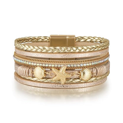 Edoneery Leather Wrap Bracelets for Women, Boho Layered Cuff Bangle | Multi-layer Leather Cuff, Daily wear, Stackable Bangle, Easy on-off, Western Jewelry Gifts for Women - color: Gold-1