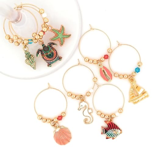 Pixie Beach & Nautical Wine Charms, 8 Piece Set – Seashell, Starfish & Sea Turtle Glass Tag Identifiers, Summer Party Favors & Host Gift