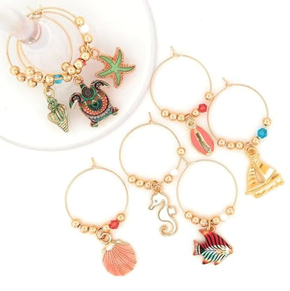 Pixie Beach & Nautical Wine Charms, 8 Piece Set – Seashell, Starfish & Sea Turtle Glass Tag Identifiers, Summer Party Favors & Host Gift
