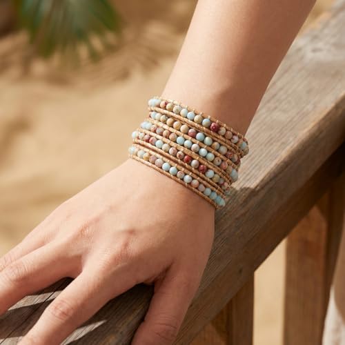YGLINE Natural Stone Wrap Bracelet for Women Boho Bracelets Healing Crystal Beaded Bracelet Adjustable 3/5 Wraps Bracelet Handmade Birthday Gifts for Women - color: agalmatolite