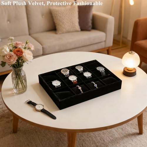 Jewelry Watch Tray, Black Velvet Watch Jewelry Organizer 12 Grid, Stackable Watch Bracelet Bangle Display Holder, Adjustable Pillows, for Man Woman Show Birthday - color: Black