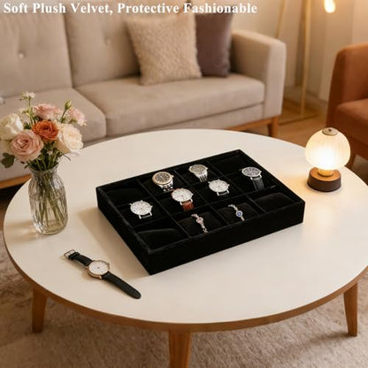 Jewelry Watch Tray, Black Velvet Watch Jewelry Organizer 12 Grid, Stackable Watch Bracelet Bangle Display Holder, Adjustable Pillows, for Man Woman Show Birthday - color: Black