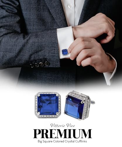 Large Big Square Crystal Color Stone Cuff Links for Men – Tuxedo Suit Accessories, Cufflinks for Men - style: Royal/Silver