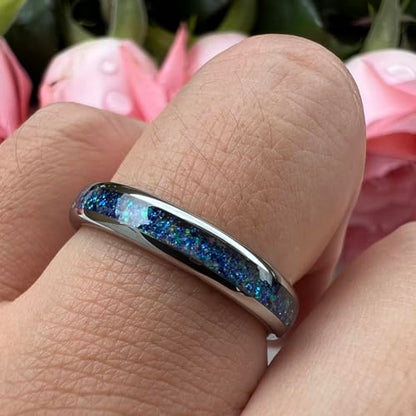TUTISS 4mm Silver/Black Tungsten Rings for Women Men Engagement Wedding Bands Genuine Blue Green Galaxy Opal Inlay Domed Polished Comfort Fit - color: 4mm Tungsten Blue Galaxy Opal
