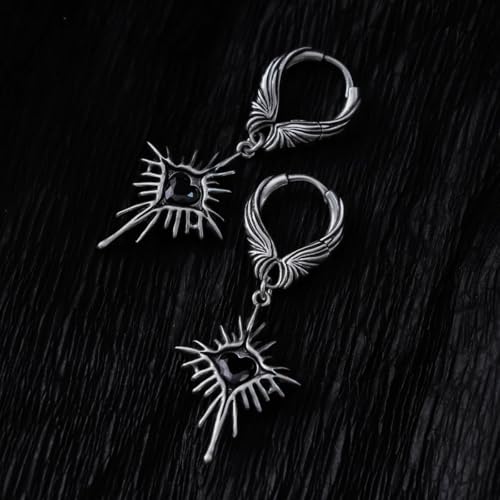 PUNKYOUTH Gothic Crest Dangle Drop Hoop Earrings Dark Alternative Piercing Jewelry 18G 1mm Antique Finish Ornate Scroll Cubic Zirconia Spike Statement Everyday Wear Accessories For Women Men - color: Winged Heartburst Earring-Silver