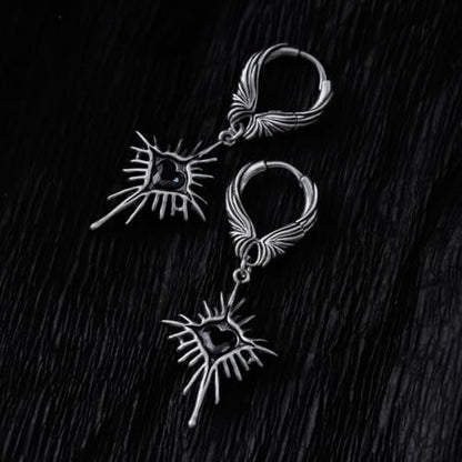 PUNKYOUTH Gothic Crest Dangle Drop Hoop Earrings Dark Alternative Piercing Jewelry 18G 1mm Antique Finish Ornate Scroll Cubic Zirconia Spike Statement Everyday Wear Accessories For Women Men - color: Winged Heartburst Earring-Silver