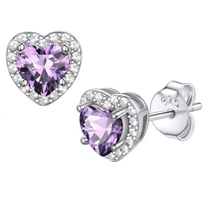 Bestyle 8mm Small Birthstone Earrings for Women with Hypoallergenic Sterling Silver Post,Sparkle Heart/Round Womens Studs Earrings, Great Birthday/Christmas/Anniversary Jewelry for Wife Mother - color: 02. Feb. Amethyst-Heart