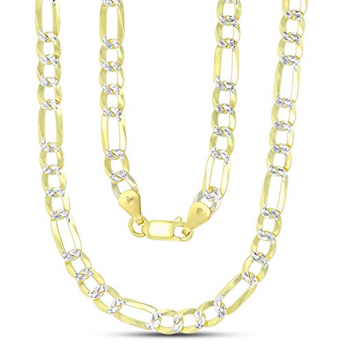 14K Gold or Rhodium Plated Silver Figaro Diamond Cut Pave Chain For Men | 1mm-13mm Thick | Solid 925 Figaro Italian Necklaces For Men - style: 5.50MM- Yellow & White
