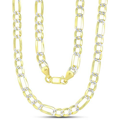 14K Gold or Rhodium Plated Silver Figaro Diamond Cut Pave Chain For Men | 1mm-13mm Thick | Solid 925 Figaro Italian Necklaces For Men - style: 5.50MM- Yellow & White