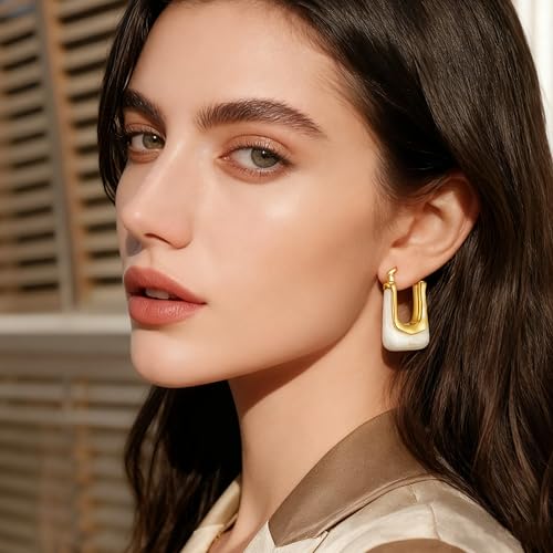 Acrylic Hoop Earrings for Women 14K Gold Plated Chunky Hoop Earrings Vintage Geometric Resin Fashion Jewelry Gifts - style: acrylic hoop white