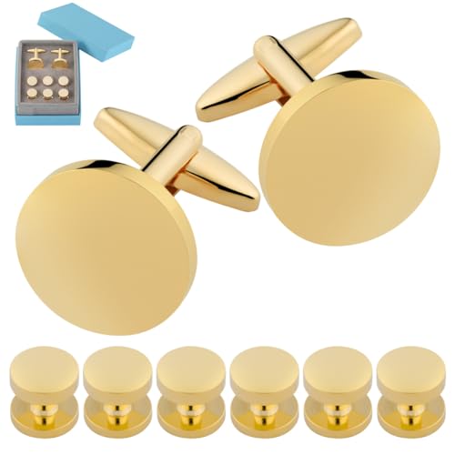 GWD Mens Cufflinks Stainless Steel Tuxedo Shirt Studs Set with Gift Box Black Cuff link Jewelry Gift Wedding Business - style: Gold