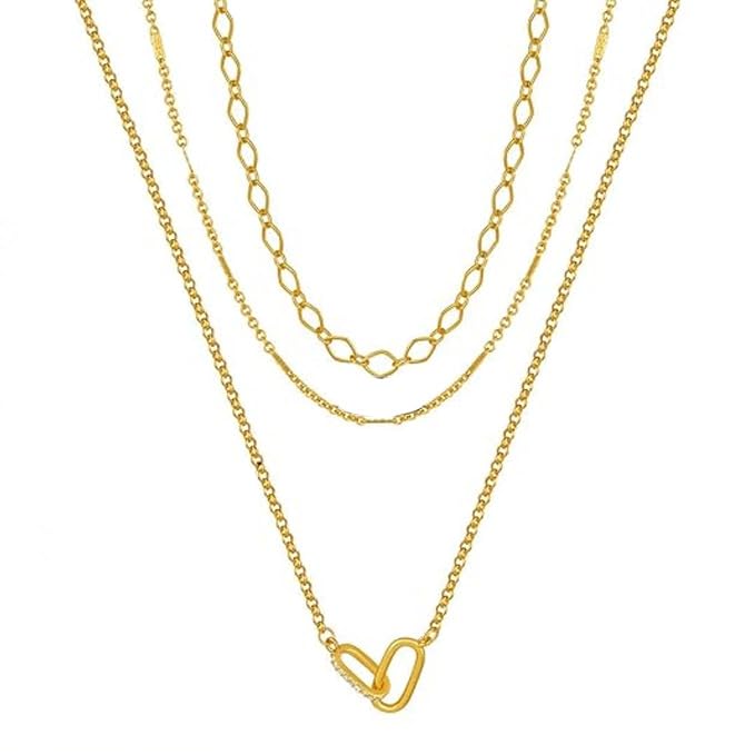 Evabelle Gold Layered Necklace for Women Trendy Jewelry 14K Real Gold Plated Chunky Chain Stackable Necklaces Dainty Choker Necklaces Rectangle Square Pendant - color: Gold Necklace 05
