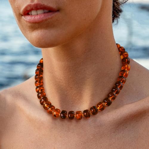 Beaded necklace for Women Boho Bead Gemstone Chunky Necklace Big Bead Necklace Fashion Trendy Summer Necklaces Jewelry Gifts - color: Amber Beaded