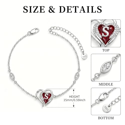 Initial Bracelet for Women 925 Sterling Silver Heart Angel Wings Initial Bracelet Anniversary Birthday Mothers Day Jewelry for Mom Her Wife - color: S