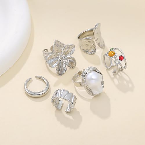 Chunky Rings for Women Stackable Vintage Adjustable Rings for Women Gold Statement Stone Ring Set Non Tarnish Vintage Jewelry - style: Silver 6